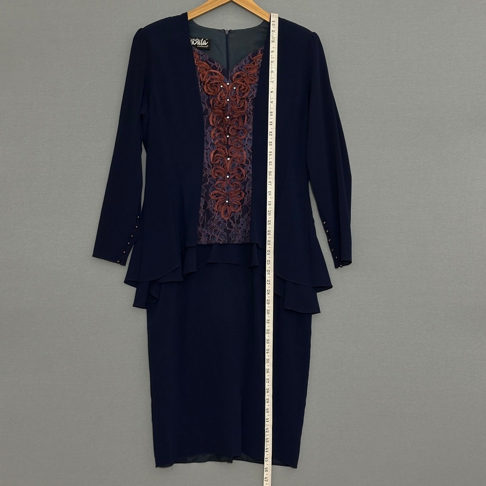 VTG 90s Ursula of Switzerland Womens Dress 14 Navy Blue Lace Ruffle Retro Event - Picture 8 of 11